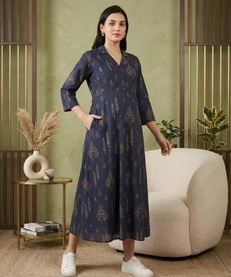 Blue cotton printed maternity dress for women 3