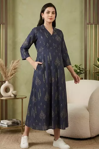 Blue cotton printed maternity dress for women