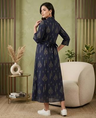Blue cotton printed maternity dress for women 4