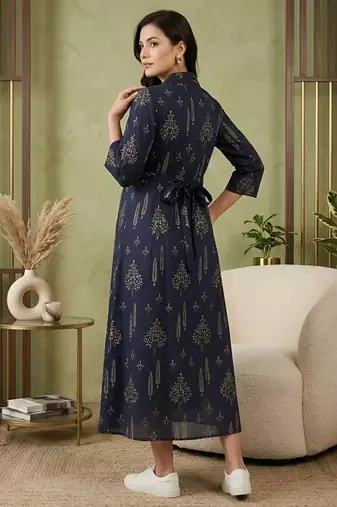 Blue cotton printed maternity dress for women