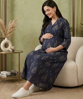 Blue cotton printed maternity dress for women 5