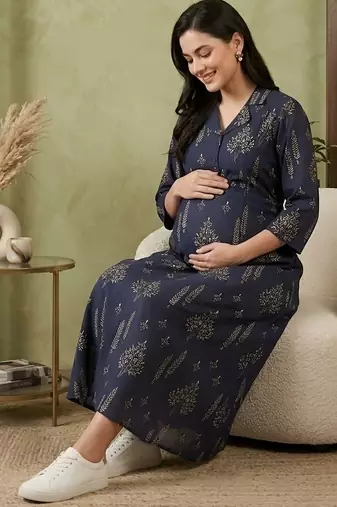 Blue cotton printed maternity dress for women