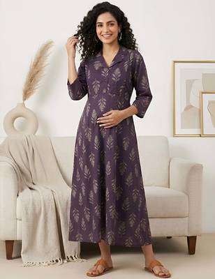 Purple cotton printed maternity dress for women 1