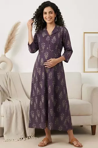 Purple cotton printed maternity dress for women