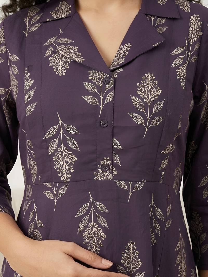 Purple cotton printed maternity dress for women