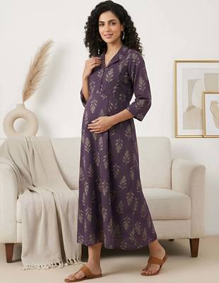 Purple cotton printed maternity dress for women 3