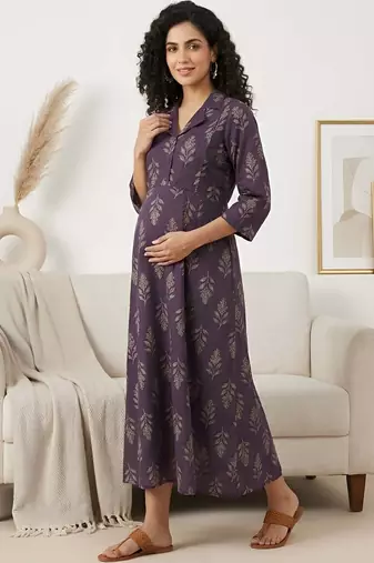 Purple cotton printed maternity dress for women