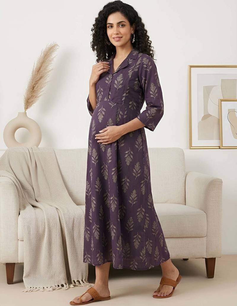 Purple cotton printed maternity dress for women