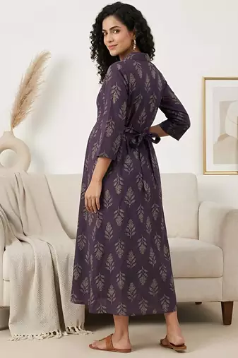 Purple cotton printed maternity dress for women