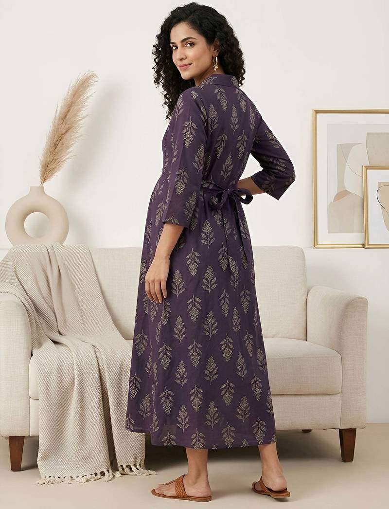 Purple cotton printed maternity dress for women