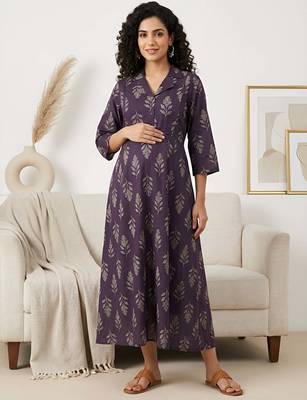 Purple cotton printed maternity dress for women 5