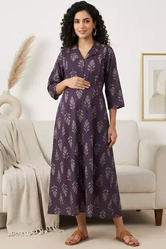 Purple cotton printed maternity dress for women