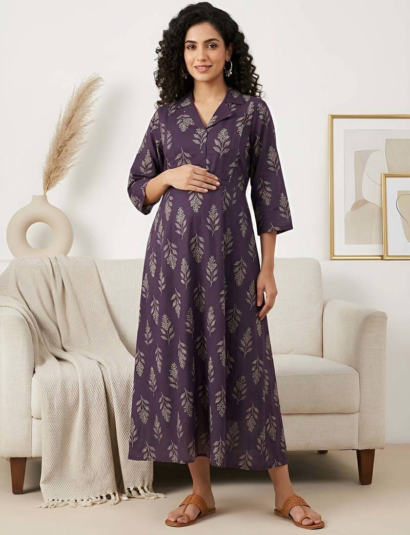 Purple cotton printed maternity dress for women