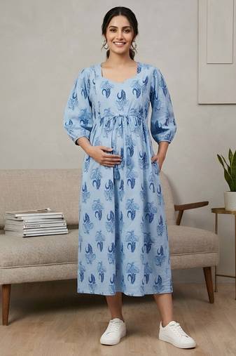 Blue cotton printed maternity dress for women