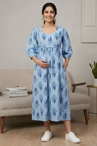 Blue cotton printed maternity dress for women