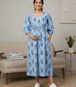 Blue cotton printed maternity dress for women