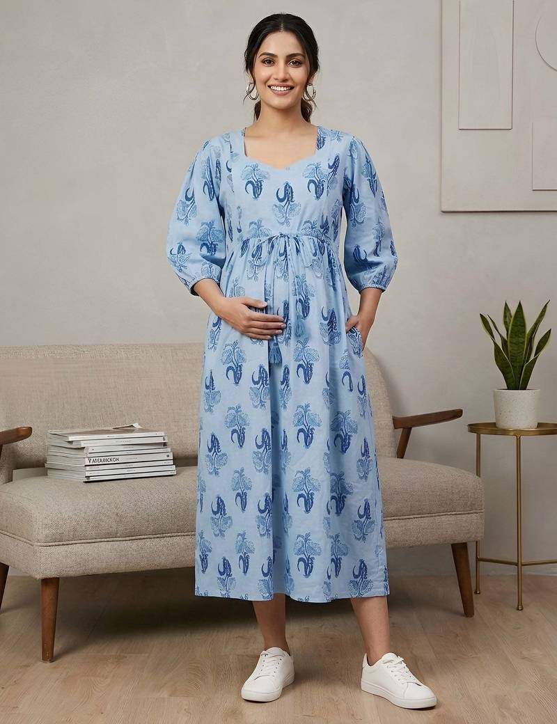 Blue cotton printed maternity dress for women