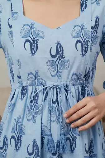 Blue cotton printed maternity dress for women