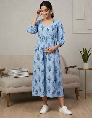 Blue cotton printed maternity dress for women 3