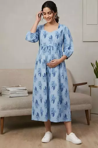 Blue cotton printed maternity dress for women