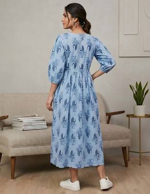 Blue cotton printed maternity dress for women 4