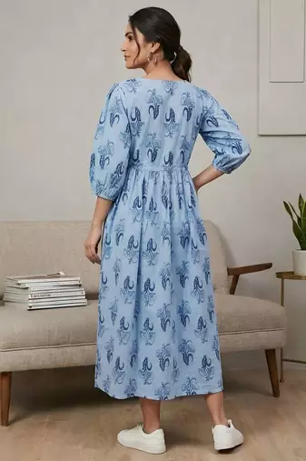 Blue cotton printed maternity dress for women