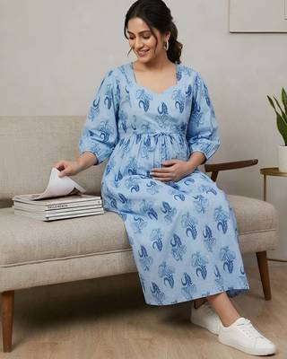 Blue cotton printed maternity dress for women 5