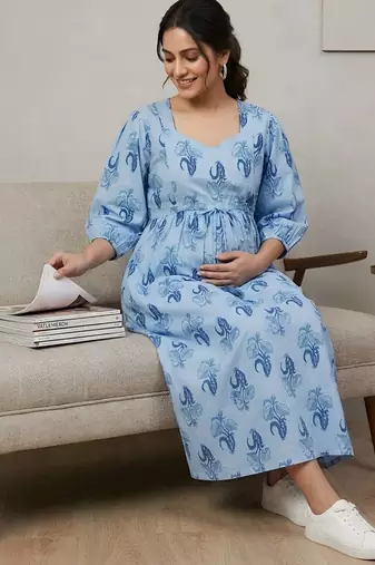 Blue cotton printed maternity dress for women