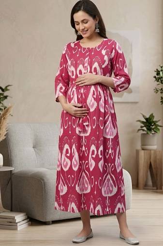 Pink cotton printed maternity dress for women