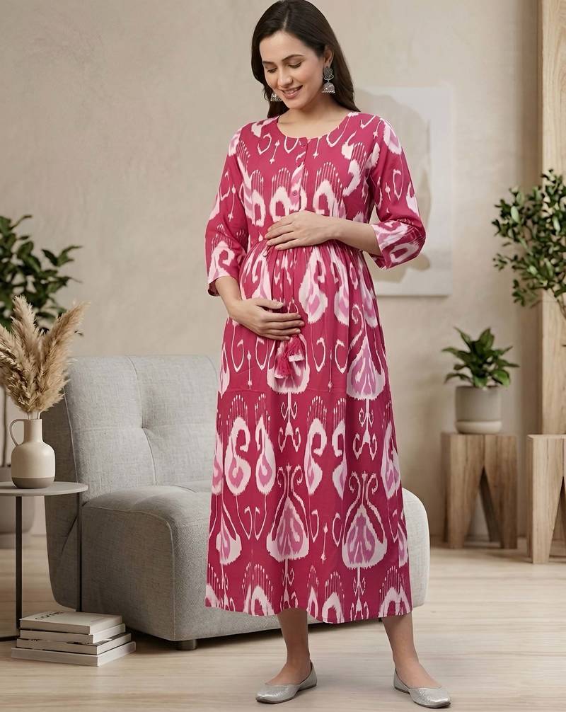 Pink cotton printed maternity dress for women