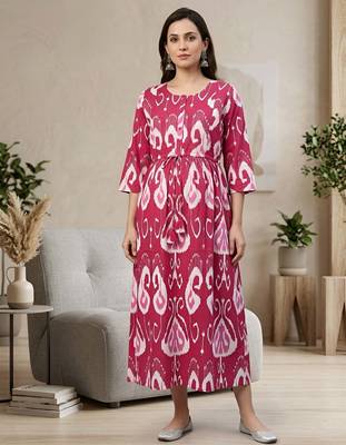 Pink cotton printed maternity dress for women 3