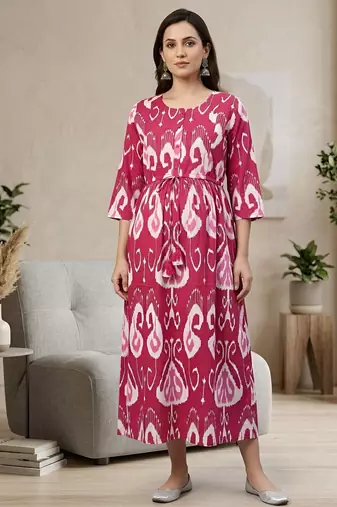 Pink cotton printed maternity dress for women