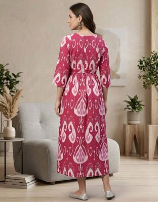 Pink cotton printed maternity dress for women 4