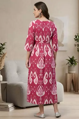 Pink cotton printed maternity dress for women