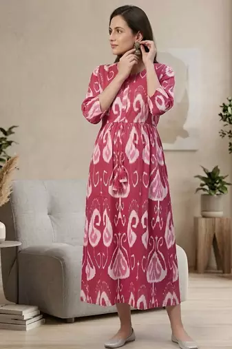 Pink cotton printed maternity dress for women