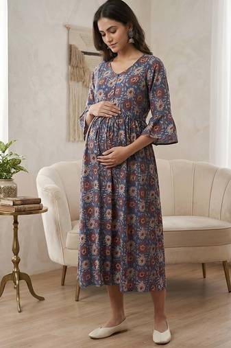 Multicolor cotton printed maternity dress for women
