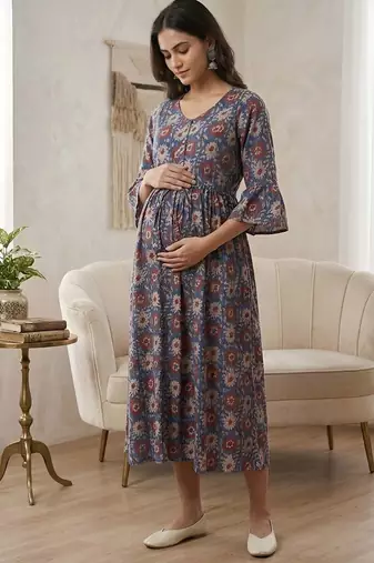Multicolor cotton printed maternity dress for women