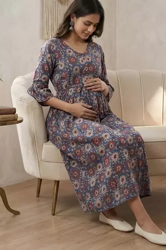 Multicolor cotton printed maternity dress for women