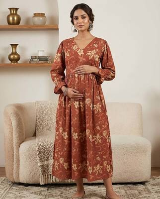 Orange cotton printed maternity dress for women 1