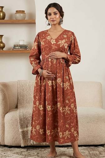 Orange cotton printed maternity dress for women