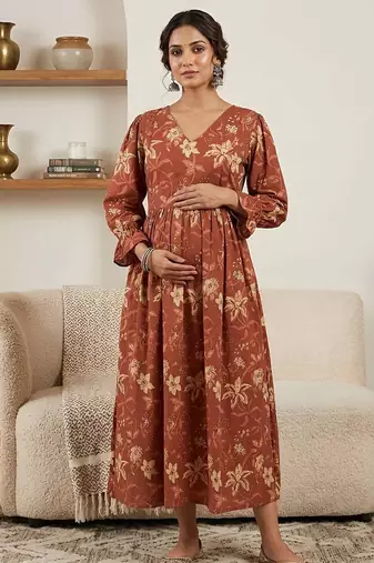 Orange cotton printed maternity dress for women