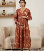 Orange cotton printed maternity dress for women