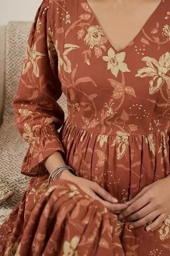 Orange cotton printed maternity dress for women