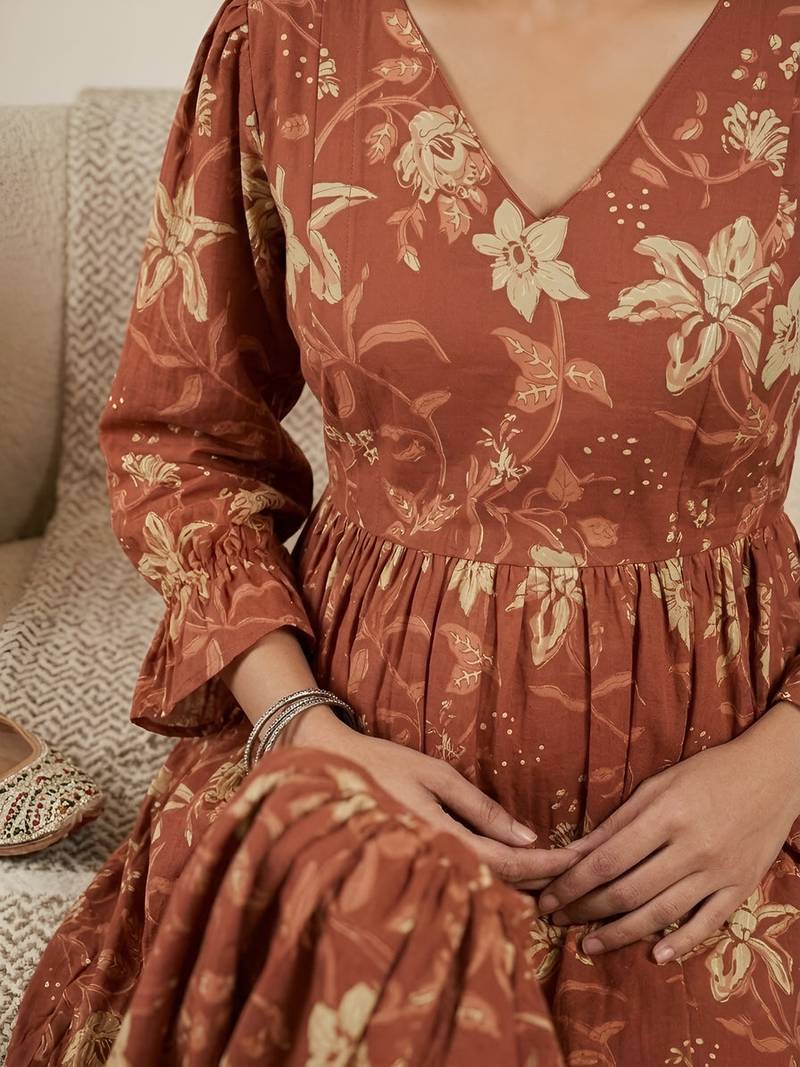 Orange cotton printed maternity dress for women