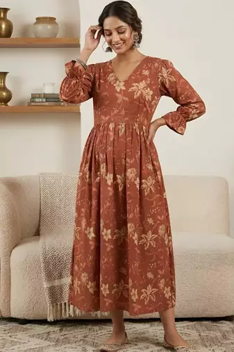 Orange cotton printed maternity dress for women