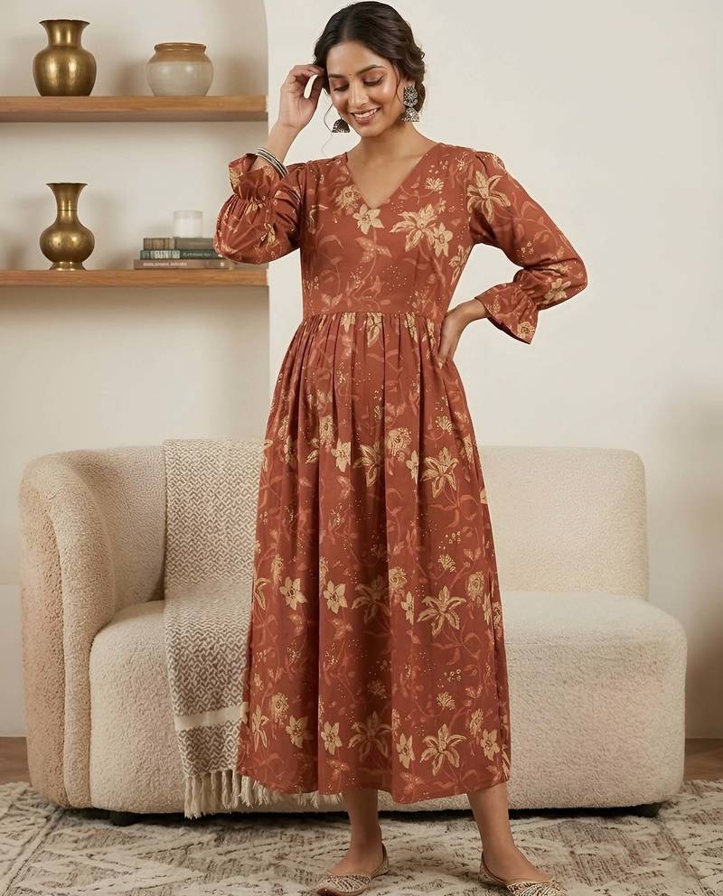 Orange cotton printed maternity dress for women