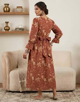 Orange cotton printed maternity dress for women 4