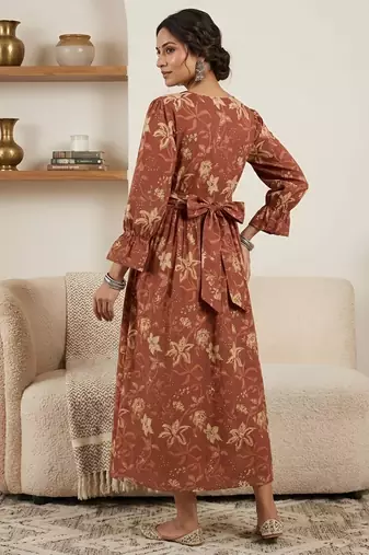 Orange cotton printed maternity dress for women