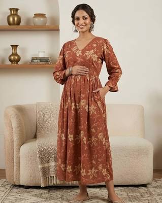 Orange cotton printed maternity dress for women 5