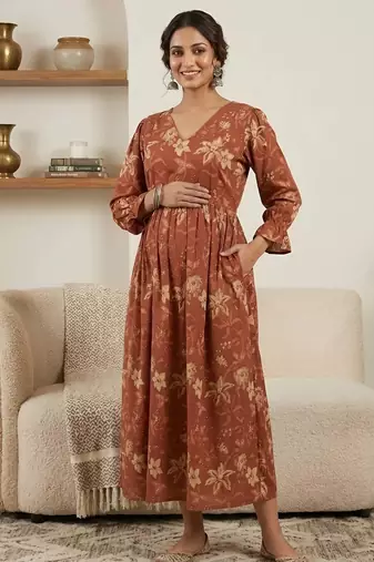 Orange cotton printed maternity dress for women
